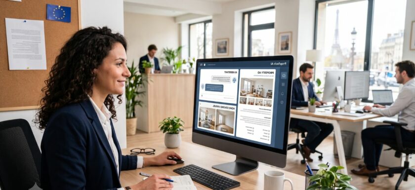 Professionnelle de l’immobilier utilisant une intelligence artificielle pour rediger une annonce, repondre aux clients et realiser du home staging virtuel.