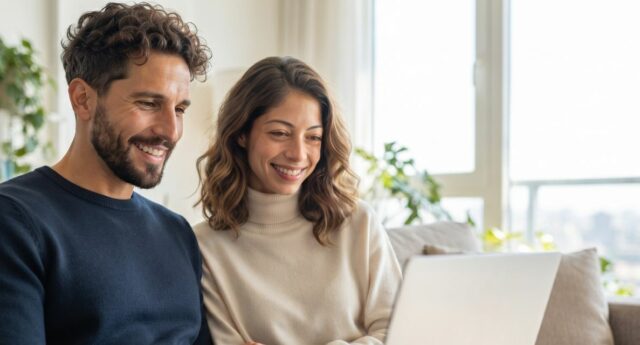 Couple consultant un ordinateur pour son assurance de pret immobilier