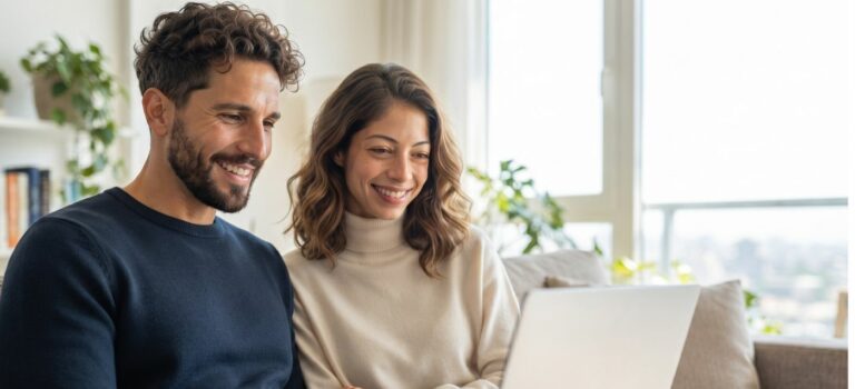 Couple consultant un ordinateur pour son assurance de pret immobilier