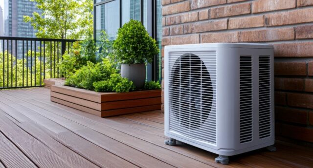 Unite exterieure de climatisation installee sur le balcon d’un immeuble en copropriete