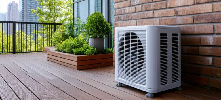 Unite exterieure de climatisation installee sur le balcon d’un immeuble en copropriete