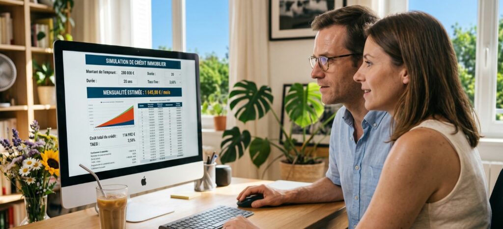 Couple consultant une simulation de credit immobilier sur un ordinateur