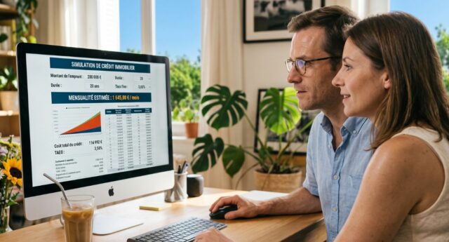 Couple consultant une simulation de credit immobilier sur un ordinateur