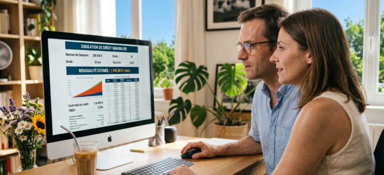Couple consultant une simulation de credit immobilier sur un ordinateur
