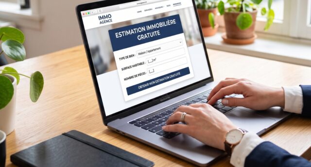 Formulaire d'estimation immobiliere en ligne affiche sur un ordinateur portable, avec les champs type de bien, surface habitable et nombre de pieces