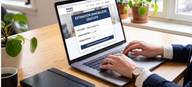 Formulaire d'estimation immobiliere en ligne affiche sur un ordinateur portable, avec les champs type de bien, surface habitable et nombre de pieces