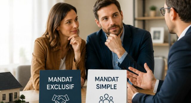 Couple avec un agent immobilier comparant un mandat exclusif et un mandat simple pour vendre un bien immobilier