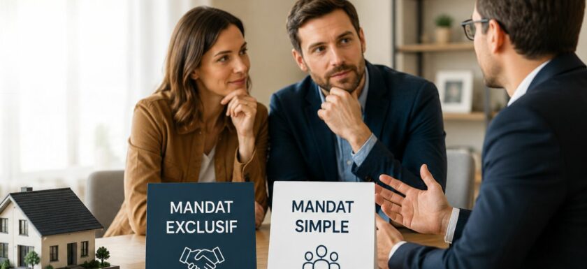 Couple avec un agent immobilier comparant un mandat exclusif et un mandat simple pour vendre un bien immobilier