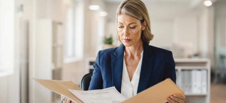 Directrice d’agence immobilière vérifiant l’attestation d’habilitation d’un négociateur immobilier