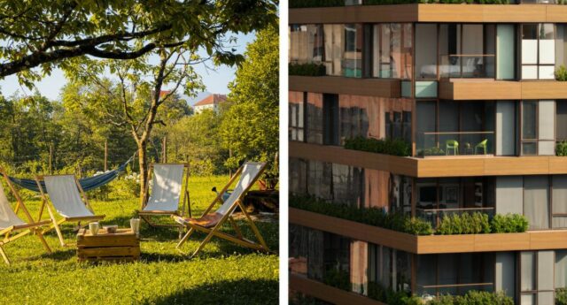 Jardin aménagé et immeuble neuf avec balcons végétalisés