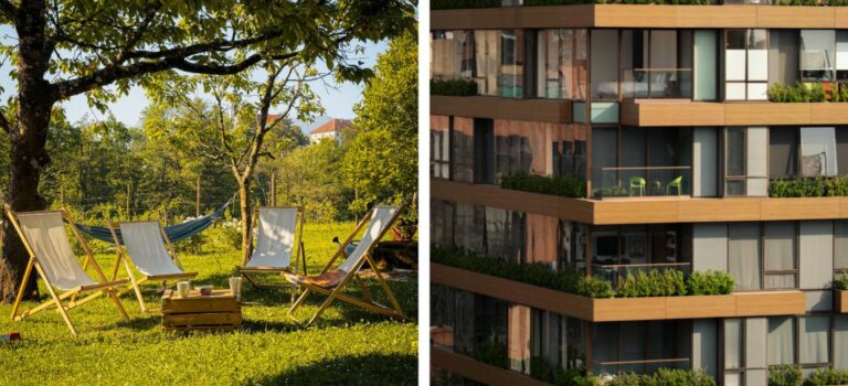 Jardin aménagé et immeuble neuf avec balcons végétalisés