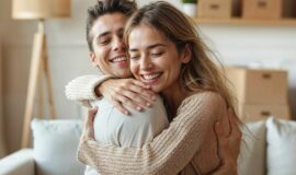 Jeune couple heureux dans leur nouvel appartement, prêt immobilier bonifié à 1,99 % pour primo-accédants.