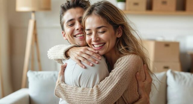 Jeune couple heureux dans leur nouvel appartement, prêt immobilier bonifié à 1,99 % pour primo-accédants.
