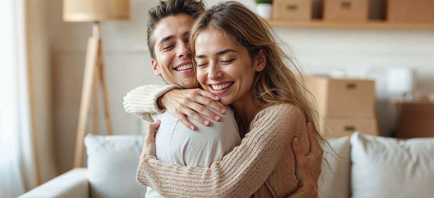 Jeune couple heureux dans leur nouvel appartement, prêt immobilier bonifié à 1,99 % pour primo-accédants.