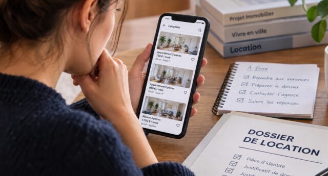 Candidate consultant des annonces de location sur son smartphone, avec un dossier de location posé sur un bureau.
