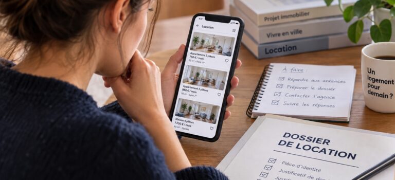 Candidate consultant des annonces de location sur son smartphone, avec un dossier de location posé sur un bureau.
