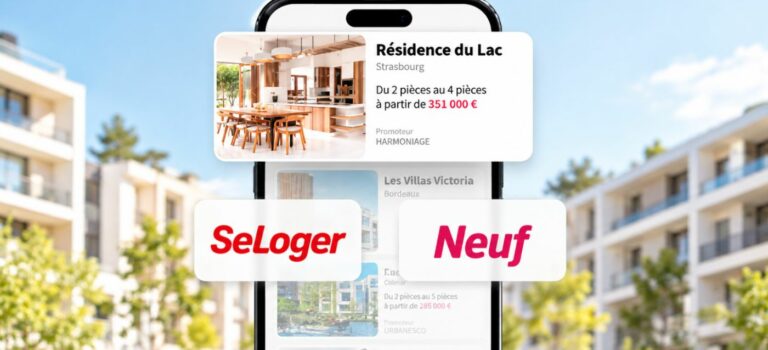 SeLoger Neuf : programme immobilier affiché sur smartphone devant des logements neufs