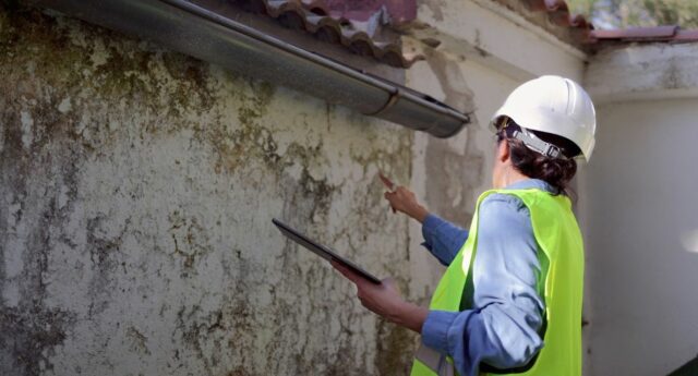 Professionnel inspectant la façade d’un immeuble ancien en copropriété
