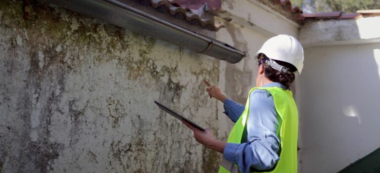 Professionnel inspectant la façade d’un immeuble ancien en copropriété