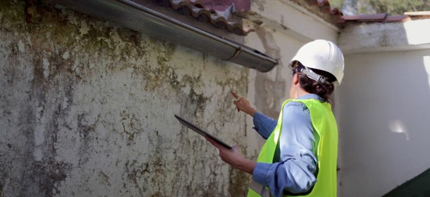 Professionnel inspectant la façade d’un immeuble ancien en copropriété