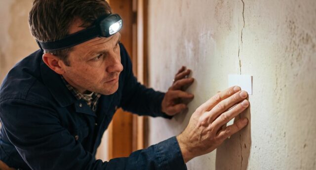 Fissure en diagonale près d’une fenêtre sur la façade d’une maison