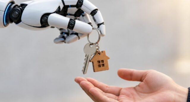 Une main robotique remet des clés de maison à une personne