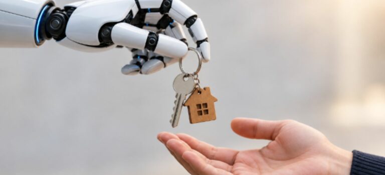Une main robotique remet des clés de maison à une personne