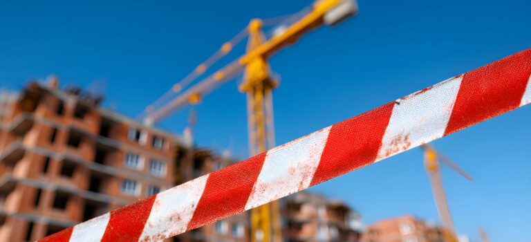 Immeuble de logements neufs en construction, ossature bois et grue sous un ciel bleu