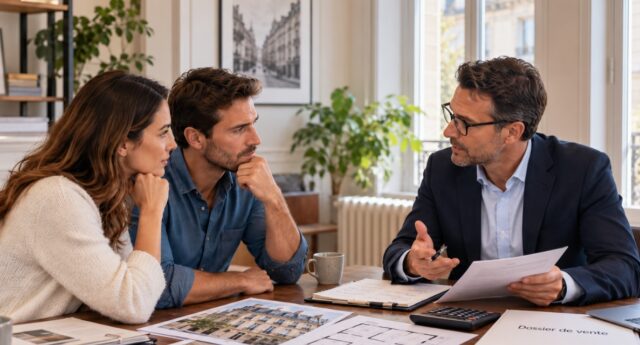 Couple négociant le prix d’un logement ancien avec un agent immobilier