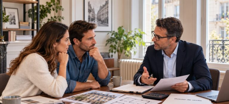 Couple négociant le prix d’un logement ancien avec un agent immobilier
