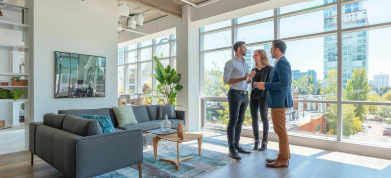 Trois personnes échangent lors de la visite d’un appartement lumineux