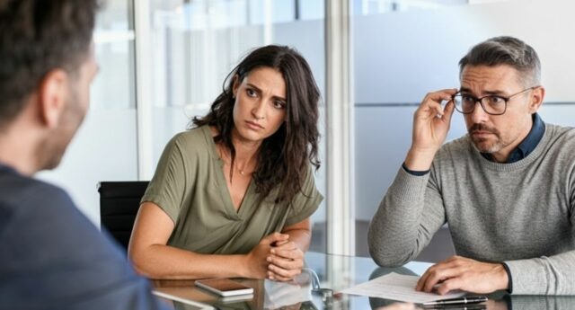 Couple en rendez-vous avec son conseiller bancaire pour un prêt immobilier, taux en hausse à la rentrée 2026