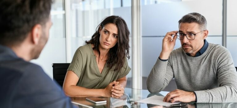 Couple en rendez-vous avec son conseiller bancaire pour un prêt immobilier, taux en hausse à la rentrée 2026