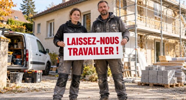 Deux artisans devant une maison en rénovation tiennent une pancarte « Laissez-nous travailler ! »