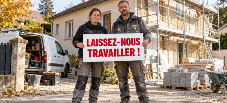 Deux artisans devant une maison en rénovation tiennent une pancarte « Laissez-nous travailler ! »