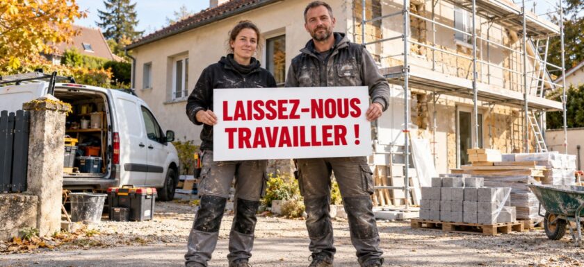 Deux artisans devant une maison en rénovation tiennent une pancarte « Laissez-nous travailler ! »