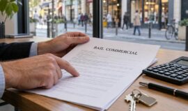 Une personne examine un bail commercial, avec une calculatrice et des clés sur le bureau, devant une rue commerçante