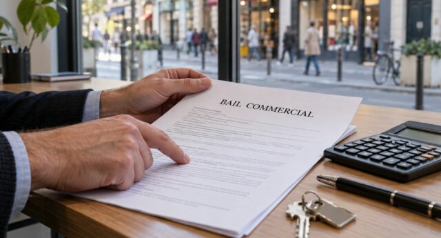 Une personne examine un bail commercial, avec une calculatrice et des clés sur le bureau, devant une rue commerçante