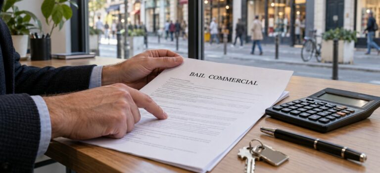 Une personne examine un bail commercial, avec une calculatrice et des clés sur le bureau, devant une rue commerçante