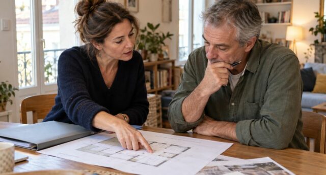 Une conseillère et un propriétaire examinent les plans d’un logement lors d’un échange sur sa rénovation.