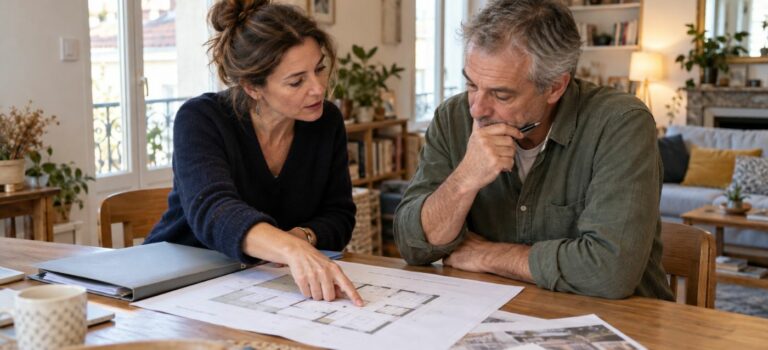 Une conseillère et un propriétaire examinent les plans d’un logement lors d’un échange sur sa rénovation.