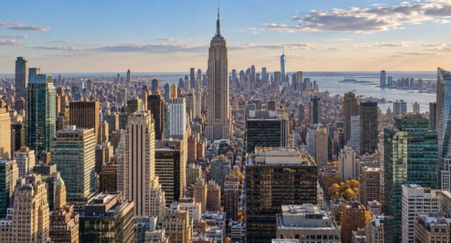 Vue panoramique des tours de bureaux de Manhattan, avec l’Empire State Building au centre