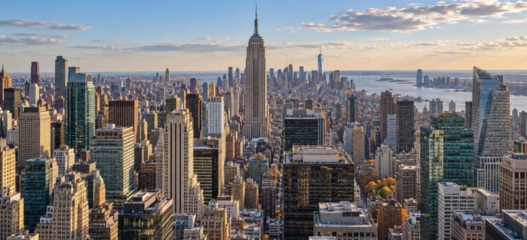 Vue panoramique des tours de bureaux de Manhattan, avec l’Empire State Building au centre