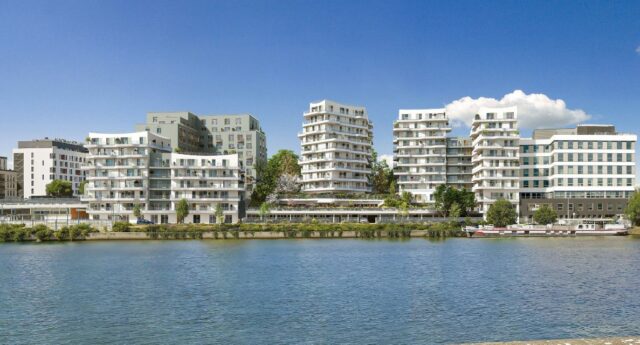 Perspective architecturale du programme B1 à Choisy-le-Roi, avec les immeubles et les espaces paysagers en bord de Seine