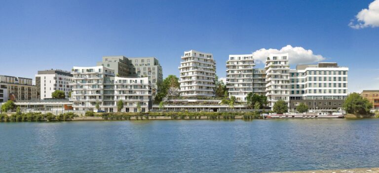 Perspective architecturale du programme B1 à Choisy-le-Roi, avec les immeubles et les espaces paysagers en bord de Seine