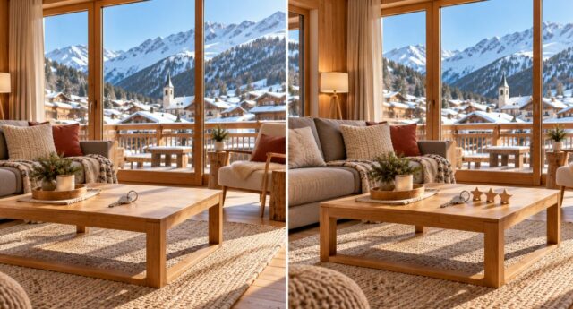 Appartement en montagne présenté en diptyque, avec des clés seules puis accompagnées de trois étoiles en bois.