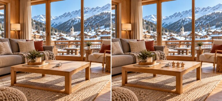 Appartement en montagne présenté en diptyque, avec des clés seules puis accompagnées de trois étoiles en bois.