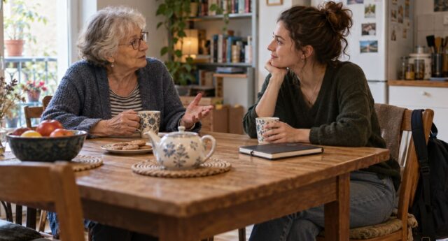 Une femme âgée et une jeune adulte discutent autour d’un thé dans une cuisine