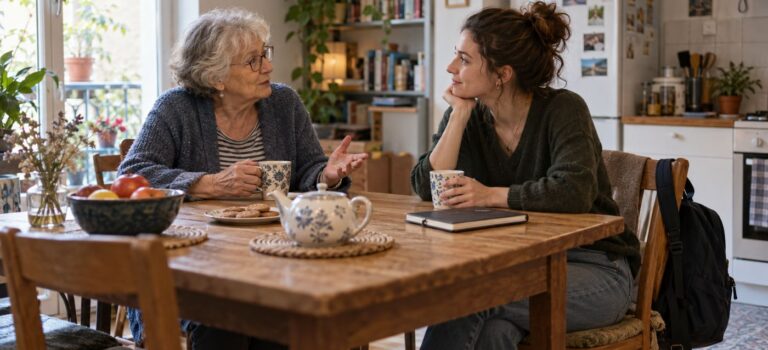 Une femme âgée et une jeune adulte discutent autour d’un thé dans une cuisine