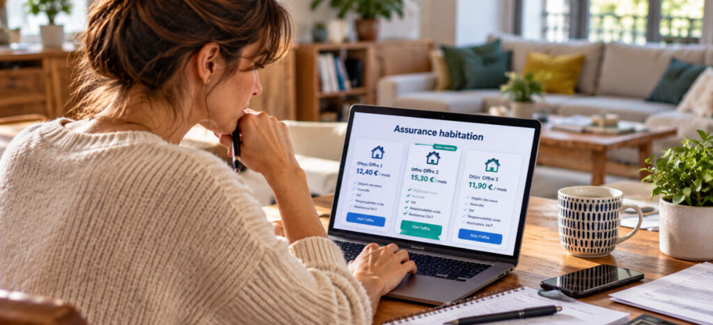Femme comparant les tarifs et garanties de plusieurs assurances habitation sur un ordinateur portable.